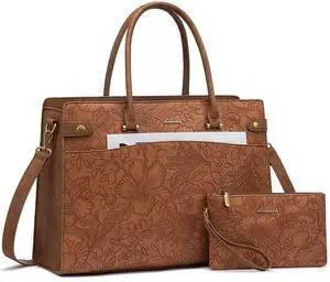 LOVEVOOK Laptop Tote Bag For Women Work, Vintage Leather Computer Bags For Laptops For Women, Waterproof Laptop Bag Business Briefcase Office Large Shoulder Handbag Purse, 15.6 Inch, Brown Embossed