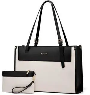 LOVEVOOK Laptop Tote Bag for Women 15.6 Inch Stylish Leather Work Tote Bag Purse Large Capacity And Waterproof Computer Briefcase for Business Office Travel, White-Black