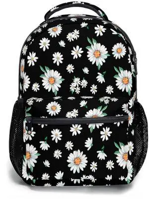 Kawani Daisy Flowers Print College Bookbags Black and White Floral Backpack for Girls Women, Teens School Bags Bookbags Ladies Daisy Flowers Laptop Backpacks Travel Hiking Camping Gym Daypack