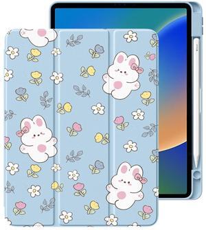 Cute Bunny Flower for iPad Mini 6 Case with Pencil Holder, Foldable Blue Leather Cover Case, Support Auto Sleep Wake