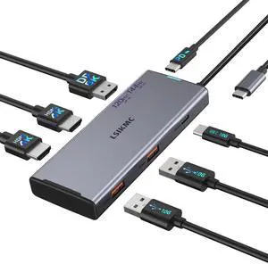 4K Triple Monitor Docking Station, 7-in-1 USB C Hub with Dual HDMI 4K@60Hz, DP 8K@30Hz/4K@144Hz/4K@120Hz, 100W PD, 3x10Gbps USB for Dell/HP/Lenovo