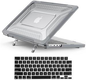 KEROM Heavy Duty Case for MacBook Pro 14 inch 2024-2021 M4 M3 M2 M1 Pro/Max Chip A3112 A3185 A3401 A2918 A2992 A2779 A2442, Rugged TPU Bumper Hard Shell with Foldable Kickstand & Keyboard Cover, Gray