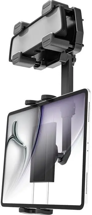 LYFICCS Car Tablet Mount for Rearview Mirror, Upgraded Four Clamp Anti-Shake Vehicle Rear View Mirror Holder for iPad Pro/Air/Mini, Galaxy Tab, iPhone 16 15 14 13 12, Compatible with 4-12.9" Device