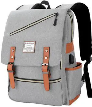 Mecrowd Vintage Laptop Backpack with USB Charging Port, Backpack for College Fits up to 15.6 Inch Laptop Computer Backpack Casual Rucksack for Men Women (Gray)