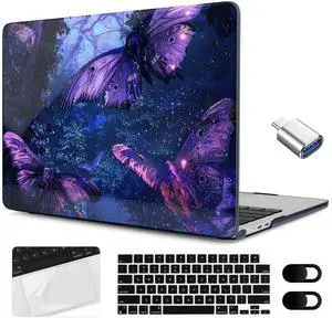 MEEgoodo Case for MacBook Air 15 inch M4/M3/M2 2025 2024 2023, Case Fit Model (A3241/A3114/A2941) for MacBook Air 15-inch, Laptop with Keyboard & Camera Cover & OTG Adapter, Purple & Blue Butterflies