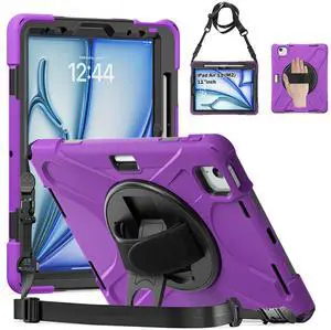 Case for iPad Air 11 inch M2 2024 (iPad Air 5th / 4th Generation 2022/2020 10.9 Inch),Heavy Duty Dropproof Protective Cover Case with 360 Rotating Stand,Handle & Shoulder Strap,Stylus Pen (New Purple)