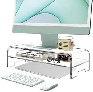 KMANDLU Acrylic Monitor Stand 2-Tier Riser, Clear Desktop Organizer for Computer and Laptop, Heavy-Duty Dual-Layer Design for Home Office, 16" L x 8" W x 4.6" H(2-Tier)