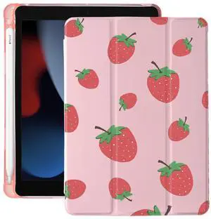Cute Fruit Strawberry for iPad Mini 5 Case with Pencil Holder, Auto Sleep/Wake, Pink Leather Soft TPU Back Cover
