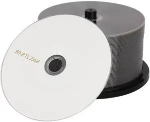 MAWFOZIN BD-R BDR 25GB Single Layer Blue Blu-ray Recordable Media Disc Upto 6X with 50 Pack White Inkjet Hub Printable Blank Data Recordable Media Disc with Cakebox/Spindle Packing