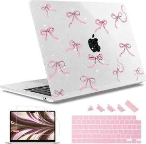 May Chen for M4 MacBook Air 15 inch Case A3241 A3114 M3 A2941 M2 2025 2024 2023 Release, Plastic Hard Shell for MacBook Air 15.3" with Retina Dispaly Fits Touch ID, Clear Glitter Bow