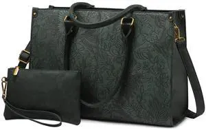 LOVEVOOK Laptop Tote Bag for Women, 15.6 Inch Large Capacity Vintage Leather Work Computer Bag, Business Casual Shoulder Handbag, Green Embossed