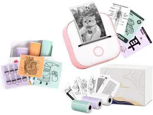 Memoking T02 Pocket Thermal Bluetooth Printer Combo with Purple/Green/Orange Thermal Paper-20-Year Sticky 50mmx3.5m, Compatible with iOS & Android, Pink
