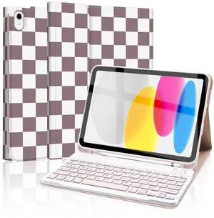 Mewealth for iPad 11th 10th Generation Case with Keyboard, Detachable Folio Wireless Keyboard Cover with Pencil Holder for 11th A16 11-inch 2025,10th 10.9 Inch 2022, Checkered Plaid BrownPurple-White