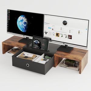 Dual Monitor Stand Riser with Drawer - 36Inch Large Storage Computer Monitor Stands for 2 Monitors, Wooden Desktop Organizer Perfect for Home Office Desk, Computer, Laptop, TV
