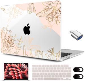 MEEgoodo for M4/M3/M2 MacBook Air 15.3 inch Case 2025 2024 2023, Case Fit Model (A3241/A3114/A2941) for MacBook Air 15 inch, Laptop Hard Shell with Keyboard Cover, Gold Flowers Lilies