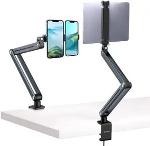Mechrig Aluminum Tablet Stand Holder - 360deg Adjustable & Foldable Phone iPad Holder for Desk Mount, Dual-Device Desk Clamp for iPad Pro/Air/Mini, Samsung Galaxy Tab, Kindle, Switch & Phones 4-13"