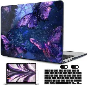 MEEgoodo Case for M4/M3/M2 MacBook Air 13.6 inch Case 2025 2024 2022, Fit Model A3240/A3113/A2681, Laptop Hard Shell with Keyboard Cover Compatible with MacBook Air 13 inch, Purple & Blue Butterflies