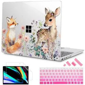 Mektron Case for 13.5" Microsoft Surface Laptop 5/4/3 with Metal Palm Rest Model 1951/1868, 2019/2021/2022 Release Plastic Hard Shell Cover with Screen Protector + Keyboard Cover, Fox and Deer