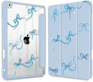 May Chen for iPad 9th Generation with Pencil Holder, iPad 8th/7th Gen Case 10.2-inch, [Penceil Holder] Trifold Stand Auto Wake/Sleep Clear TPU Protection Back Cover, Blue Bows