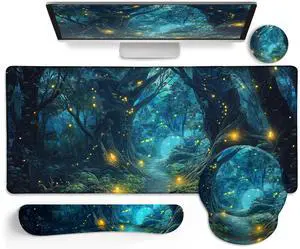 LIMKRIAN Ergonomic Mouse Pad Set Large Desk Matt for Desktop, Gaming Mouse Pad Wrist Rest Keyboard Mat Cup Coaster Set Cute Office Desk Decor Accessories for Women, Firefly Forest