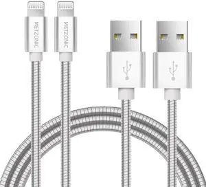 METZONIC MFi Certified Charger Cable[2 Pack, 6.6 Feet] Metal Braided USB Cable with Insulation Coated Steel Jacket, Strong & Fast Charging Data Transfer Cord Compatible with iPhone/iPad