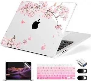 MecBevia Compatible with MacBook Air 13.6 inch Case, M4 A3240/M3 A3113/M2 A2681 (Released 2025 to 2022), Hard Shell, Keyboard Cover, Screen Protector, Webcam Cover & Type-C Adapter, Butterflies Sakura
