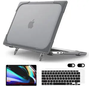 MEEgoodo for MacBook Air 13 inch Case 2021 2020 2019 2018 Release A2337 M1 A2179 A1932 with Touch ID Heavy Duty Rugged Shockproof Plastic Hard Shell with Fold Kickstand for MacBook Air 13.3, Gray