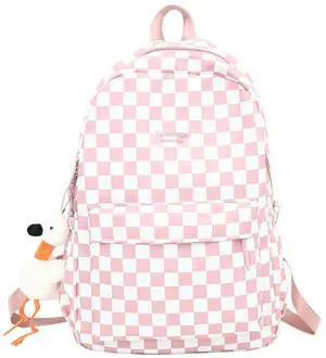 MININAI Y2K Aesthetic Checkered Backpack with Kawaii Pendant Checkerboard Backpack Cute Preppy Laptop Backpack Light Rucksack (One Size,Pink)