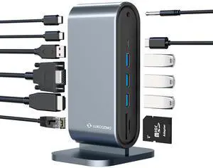 LUKCOZMO USB3.0 Universal Docking Station with 100W Charging, Dual Monitor for Windows and Mac, USB 3.0 or USB-C (HDMI, 1x USB-C, 4X USB3.0,VGA1080P, Ethernet, Audio, TF/SD Card Reader)