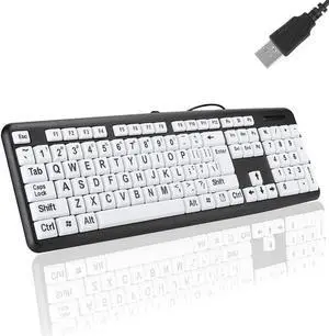 Luqeeg Large Print Keyboard, USB Wired, 104 Keys Black White High Contrast, Low Vision, Old People Keyboard
