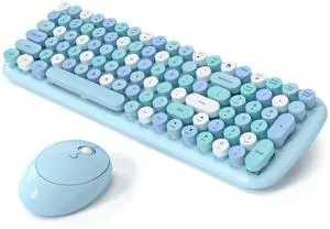 Wireless Keyboard and Mouse Combo, MOWUX - Modern Compact Layout, Colorful Compact Candy Mouse and Retro Round Keyboard Set with Cover, for PC/Laptop/Windows/Mac - Blue Colorful