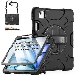 Case for iPad Air 11 M3 2025 & M2 2024: Cover for iPad Air 5th & 4th Generation 10.9 Inch (2020/2022) with Screen Protector- Stand- Handle- Shoulder Strap- Pencil Holder- Black