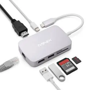 MINIX USB C Adapter, 7 in 1 USB C Hub with 4K 60Hz HDMI,Gigabit Ethernet, 2 USB 3.0, 100W PD Charging, SD/TF Card Reader, Compatible with MacBook Pro/Air, iPad Air/Pro, iMac, Laptop, PC, Grey