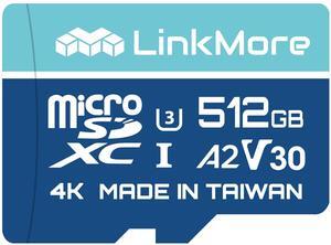 LinkMore 512GB Micro SDXC Card, A2, UHS-I, U3, V30, Class 10 Compatible, Read Speed Up to 160 MB/s,Write Speed Up to 120 MB/s, SD Adapter Included