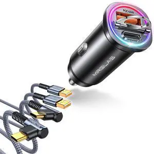 MRGLAS USB C Cable 3.2A,[2-Pack,6.6FT] & 90W USB C Car Charger Fast Charging [LED Multicolored] [All Metal] Cigarette Lighter Car Charger
