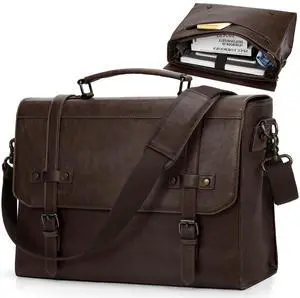 RAINSMORE Mens Messenger Bag 17 Inch Waterproof Vintage Leather Laptop Briefcase Large Laptop Bag Satchel Bag Computer Shoulder Bag for Office Business Travel College,Brown