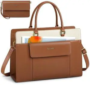 RAINSMORE Laptop Bag for Women 15.6 inch Leather Laptop Tote Bag Large Computer Bags Waterproof Business Office Work Bags Briefcase with Satchel Purse 2pcs Set, Brown