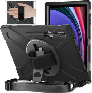 QYiiD Case for Galaxy Tab S9 2023 (SM-X710/X716B/X718U) with S Pen Holder, Shockproof Protective Case with Rotating Hand Strap/Swivel Kickstand & Shoulder Strap, Black