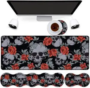 4 in 1 Mouse Pad Combo, Large Gaming Mouse Pad + Keyboard Wrist Support + Mouse Wrist Rest + Coaster, Table Pad with Stitched Edge Memory Foam Ergonomic Wrist Pad Set, Human Skulls Vintage Roses