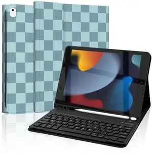 Mewealth Keyboard Case for iPad 9th / 8th / 7th Generation 10.2 Inch with Pencil Holder, Detachable Keyboard Cover for iPad Pro 10.5" / iPad Air 3rd, Checkered Plaid Blue-Light Blue