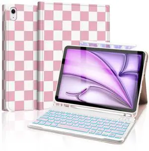 Mewealth for iPad Air 11-inch (M3/M2-2025/2024) Case with Keyboard, Backlights LED Wireless Keyboard Cover with Pencil Holder for Air 10.9 Inch (5th/4th-2022/2020), Checkered Plaid Pink-White