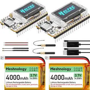 Meshnology 2 Pack ESP32 LoRa V3 Development Board + 4000mAh Battery + USB Charger Cable Set - with 915MHz Antenna WiFi Bluetooth and SX1262 LoRa V3 Devices for Meshtastic Arduino LoRawan IOT