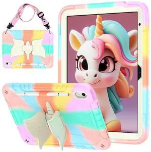 Paorixln for iPad 10th Generation 2022 Case, iPad 10.9 Cover with Stylus & Shoulder Straps& Unicorn Stand, Fully-Body Rugged Heavy Duty Shockproof, Cute Tablet Case for Kids Girls(Colorful Rosegold)