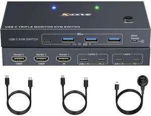 USB C KVM Switch 3 Monitors 2 Laptops 4K 1080P@60Hz,USB-C Docking Station Triple Monitor KVM Switches with 4 USB 3.2 Ports,10Gbps 80W PD Charging,For Windows and Mac OS,Driver Installation is Required