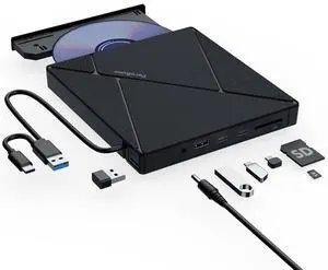 PeroBuno External CD DVD Drive, USB 3.0 Optical Disc Drive, 4 USB Ports and 2 TF/SD Card Slots, CD DVD Burner Writer Reader Player for Laptop MacBook iMac Desktop PC Windows 11/10/8/7/XP Linux Mac OS