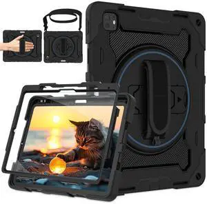 ROSROME for iPad Pro 13 Inch Case 2024 M4 7th Generation with HD Screen Protector, Shoulder Strap, 360 Stand, Hand Strap,Pen Holder |15ft Drop Protection| Heavy Duty Military Case for Pro 13 for Kids