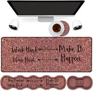Large Gaming Mouse Pad + Keyboard Wrist Support + Mouse Wrist Rest + Coaster, Table Pad with Stitched Edge Memory Foam Ergonomic Wrist Pad Set, Stay Positive Work Hard and Make It Happen