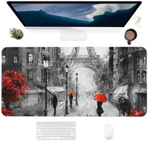 Paris Street Eiffel Large Mouse Pad Gaming Mousepad with Wrist Support Rubber Computer Keyboard Mat for Desk Laptop Non-Slip Full Deskmat Protector Waterproof Writing Pad Office Home 16x35.5 in