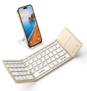 Samsers Foldable Bluetooth Keyboard with Touchpad - Portable Wireless Keyboard with Holder, Rechargeable Full Size Ultra Slim Pocket Folding Keyboards for Android Windows iOS Tablet & Laptop - Gold