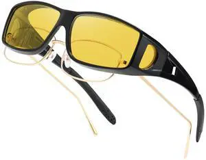 PUBOWT Night Vision Glasses Fit Over Driving Glasses Anti Glare Polarized for Men Women Wrap Around Goggles Eyewear(Yellow Night Vision)